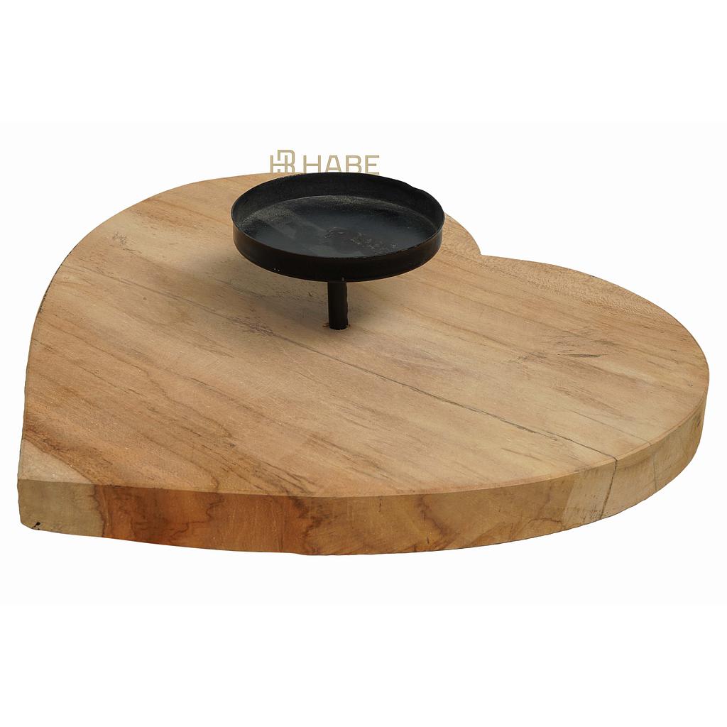 Teak Heart Plate Candleholder Natural